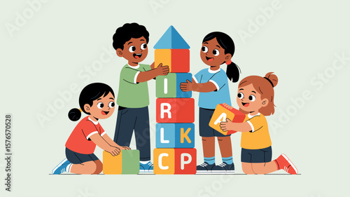 diverse group of children building a tower with alphabet blocks, vector illustration for collaborative teamwork, early childhood education and social development