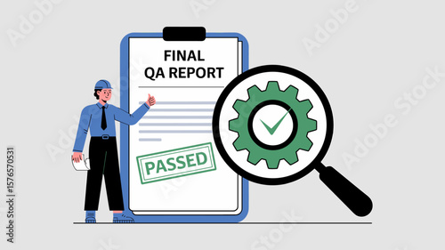 qa inspector with a final passed report on a clipboard, vector illustration for quality assurance completion, product testing and industrial standard inspection
