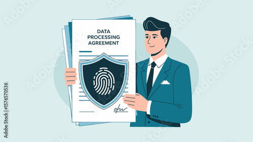 businessman holding a data processing agreement document, vector illustration for dpa completion, gdpr compliance and personal data privacy
