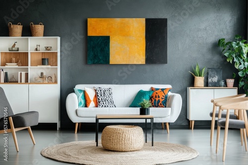 Modern Living Room With Vibrant Artwork and Stylish Furniture in a Cozy Setting
