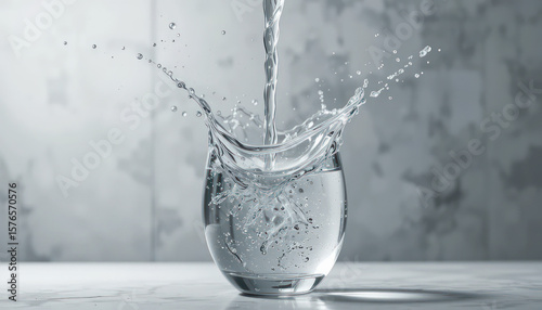 Clear water pouring into a glass, creating a dynamic splash.
