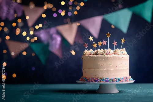 Birthday Cake Celebration With Pastel Colors and Star Candles at a Festive Se...