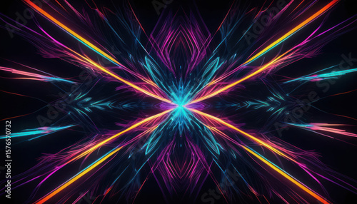 Abstract symmetrical design with vibrant, intersecting light streaks.