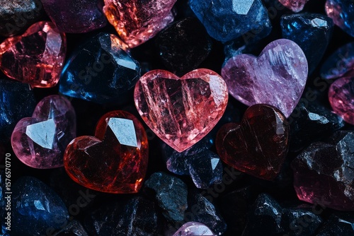 Beautiful Collection of Heart-Shaped Crystals in Various Colors on a Dark Bac...