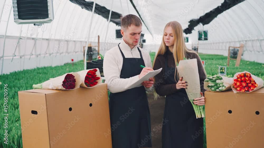 A young woman and man in a greenhouse check fresh tulip bouquets as they arrange colorful bouquets in boxes, demonstrating teamwork, dedication to sustainable agriculture, flower business development
