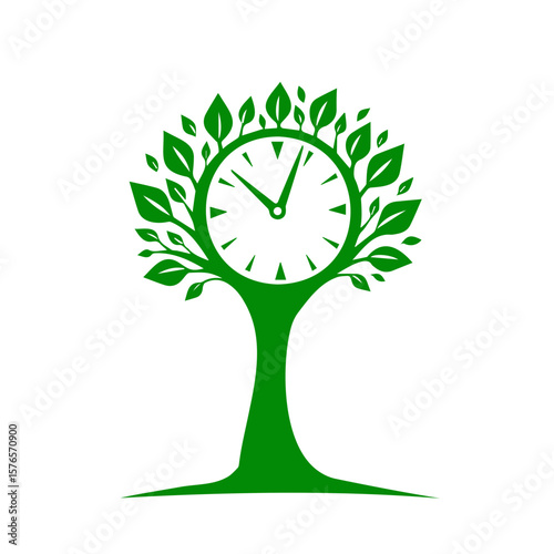 Clock tree icon representing time and nature, on transparent background 