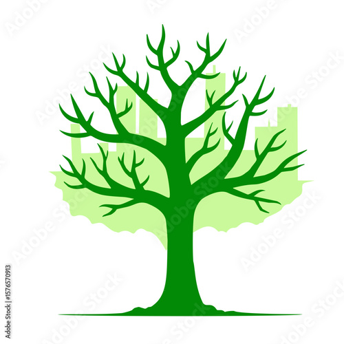Tree icon with city skyline background representing urban nature and sustainability, on transparent background 