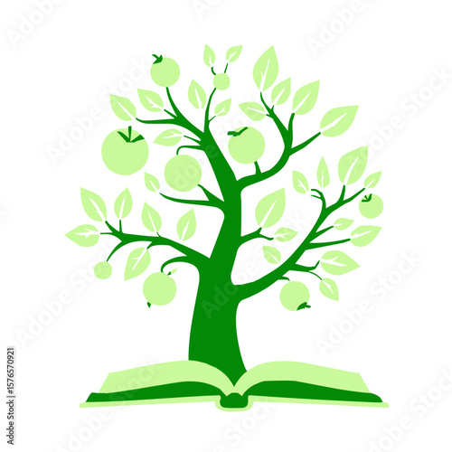 Tree icon with open book base representing knowledge and growth, on transparent background 