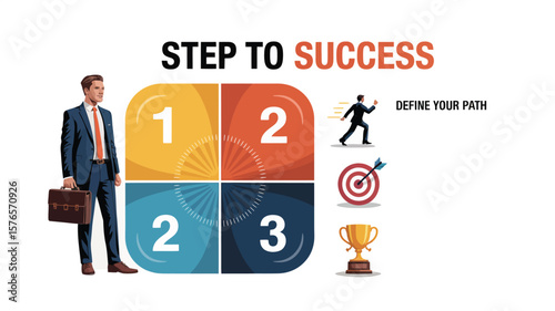 A visual representation of steps to success with a businessman included