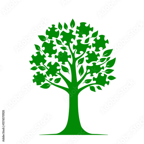 Tree icon with puzzle pieces representing creativity and problem-solving, on transparent background 
