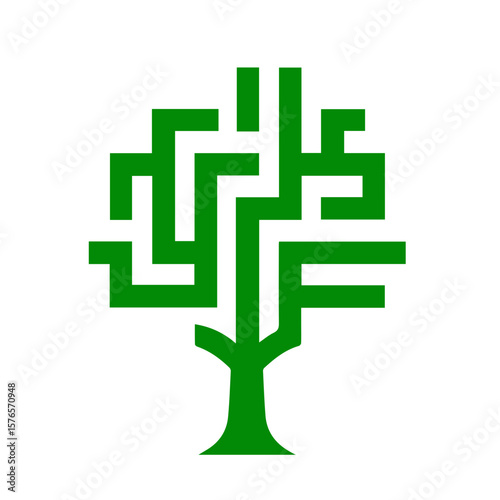 Abstract tree icon with maze design representing complexity and nature, on transparent background 