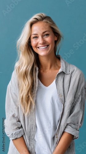 Bright Smile of a Young Woman With Long Hair in a Casual Setting Against a Da...