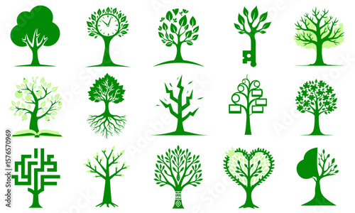 Set of tree icons in various styles and shades of green representing nature and diversity, on transparent background 