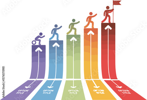 Illustration of stick figures climbing colorful arrows to reach a flag at the top