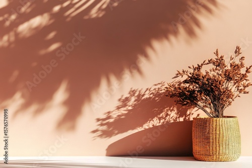 Decorative Dried Flowers in a Woven Basket Casting Shadows on a Pastel Wall