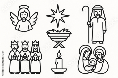 Decorative Religious Christmas Icons – Stylized Nativity Symbols Vector Collection on White Background