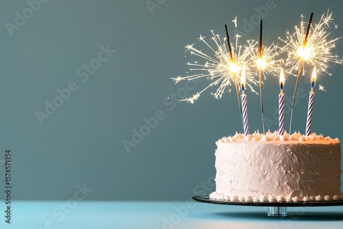 Celebration Cake With Colorful Candles and Sparklers Glowing in a Festive Atm...