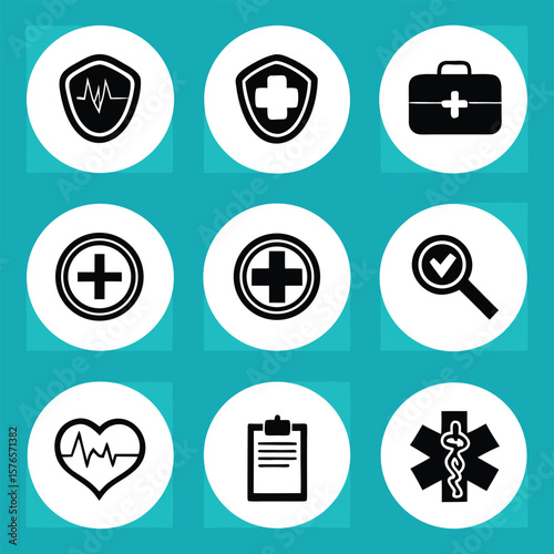 Medical healthcare symbols shield cross heart stethoscope clipboard star vector