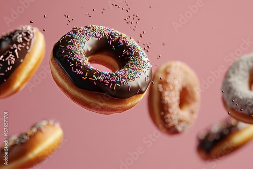 Colorful Donuts Floating Against a Pink Background Showcasing Delicious Desserts
