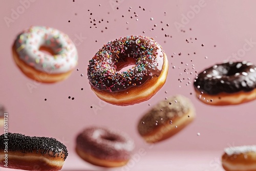 Colorful Donuts Floating Against a Pink Background Showcasing Delicious Desserts