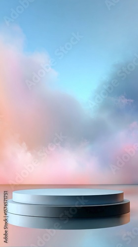 Clouds in Pastel Colors Surround an Empty Stage at Dusk Highlighting a Serene...