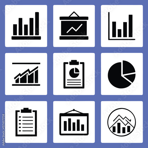 Various black business charts and graphs on white squares analytics bar chart