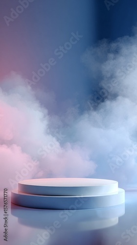 Stage With Mist in a Colorful Setting for Artistic Displays or Presentations