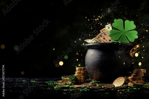 Pot of Gold With Shamrock and Cash Surrounded by Coins on Black Background fo...