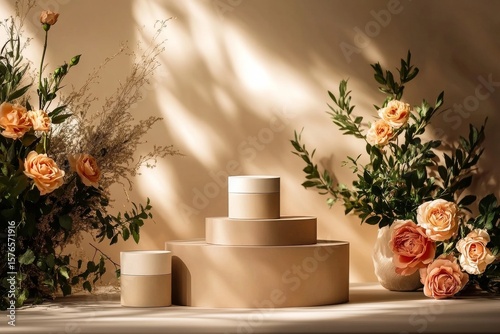 Elegant Floral Arrangement and Skincare Products on Display in Soft Sunlight