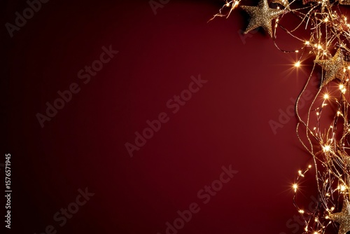 Decorative String Lights and Stars Create a Festive Mood on a Red Background