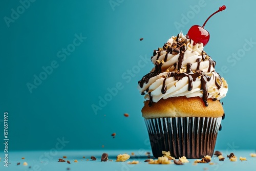 Delicious Cupcake Topped With Whipped Cream and Cherry on a Turquoise Background