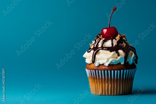 Delicious Cupcake Topped With Whipped Cream, Chocolate Drizzle, and Cherry Ag...