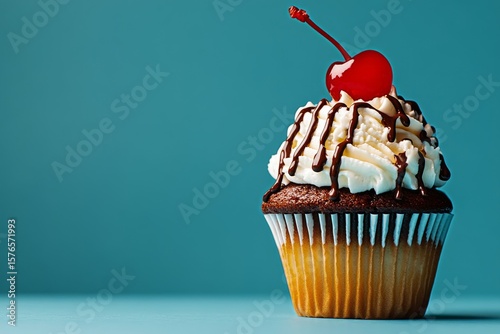 Delicious Cupcake Topped With Whipped Cream, Chocolate Drizzle, and Cherry Ag...