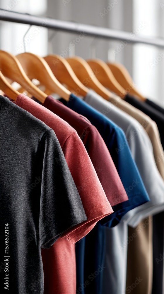 Obraz premium Colorful Shirts Hanging in a Display for Sale in a Bright Retail Store