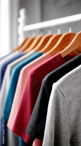 Display of Colorful T-Shirts Hanging on Wooden Hangers in a Bright Store