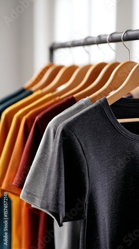 Display of Colorful T-Shirts Hanging on Wooden Hangers in a Bright Store