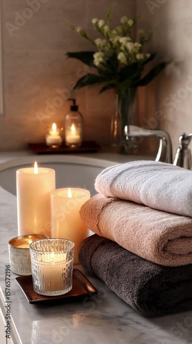 Relaxing Spa Setting With Towels and Candles in a Serene Bathroom Atmosphere