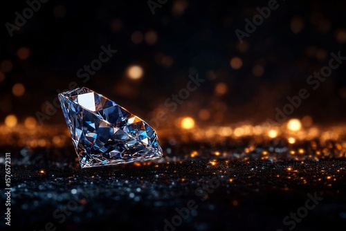 Sparkling Diamond on a Glittering Surface With Warm Light Reflections at Night