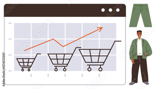 Rising sales trends with shopping carts on a graph, casual clothing elements, enthusiastic customer. Ideal for e-commerce data, business trends, online sales, retail growth, fashion industry