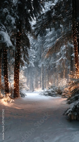 Snowy Forest Pathway Illuminated by Lights During Winter Evening Stroll