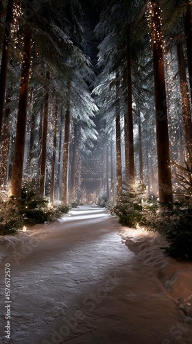 Snowy Forest Pathway Illuminated by Lights During Winter Evening Stroll