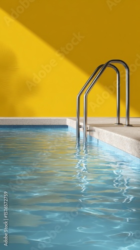 Bright Yellow Pool Area With Steps Leading Into Crystal Clear Water During th...