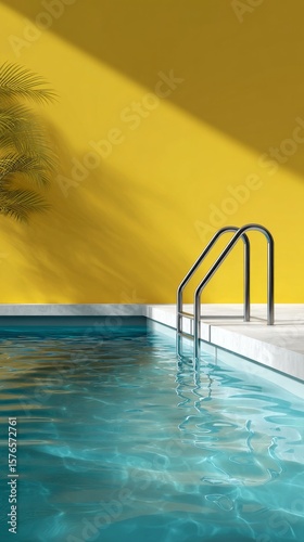 Bright Yellow Pool Area With Steps Leading Into Crystal Clear Water During th...