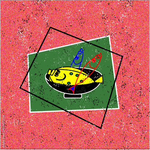 Vector illustration of fish on table.
Seafood illustration, artful table setting, whimsical tableware inspired by nature, coastal cuisine, cultural symbolism, stylized fish