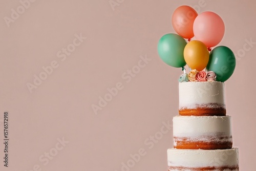 Colorful Birthday Cake With Balloons and Festive Decorations for Celebration