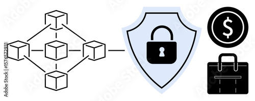 Blockchain connected nodes with a shield lock for security, money symbol, and briefcase. Ideal for blockchain, fintech, cybersecurity, business system, digital assets finance data privacy. Simple