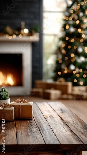 Holiday Gifts on a Wooden Table With a Cozy Fireplace and Christmas Tree in t...