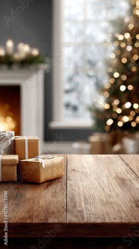 Holiday Gifts on a Wooden Table With a Cozy Fireplace and Christmas Tree in t...