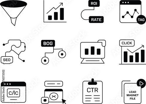Collection of digital marketing and business growth icons in black and white