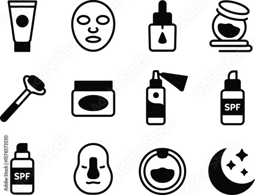 Collection of skincare and beauty product icons on a white background